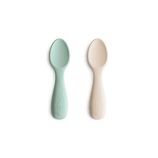 Silicone Toddler Starter Spoons 2-Pack - Cambridge Blue + Shifting Sand