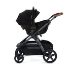 Black stroller with canopy on carseat