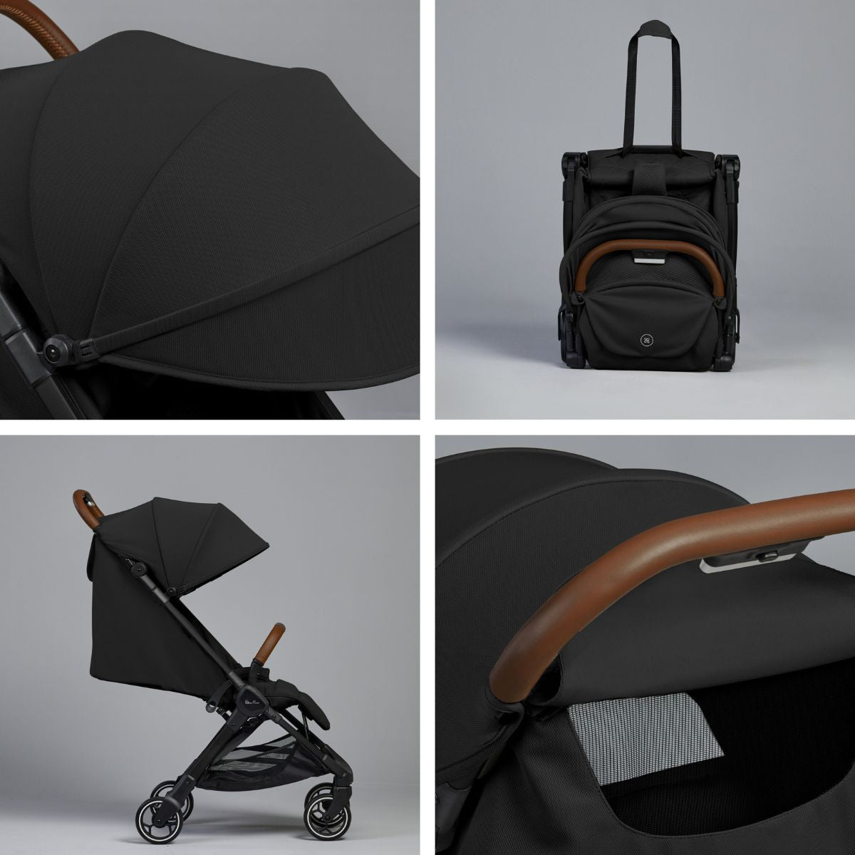 Black stroller with brown accents on a gray background