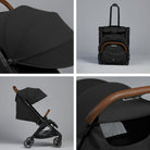 Black stroller with brown accents on a gray background