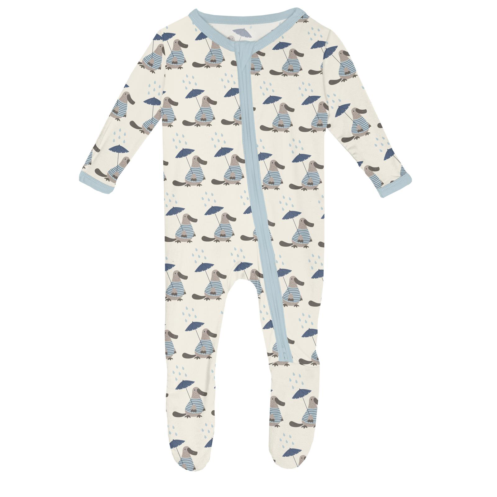 Baby onesie with platypus pattern on a white background