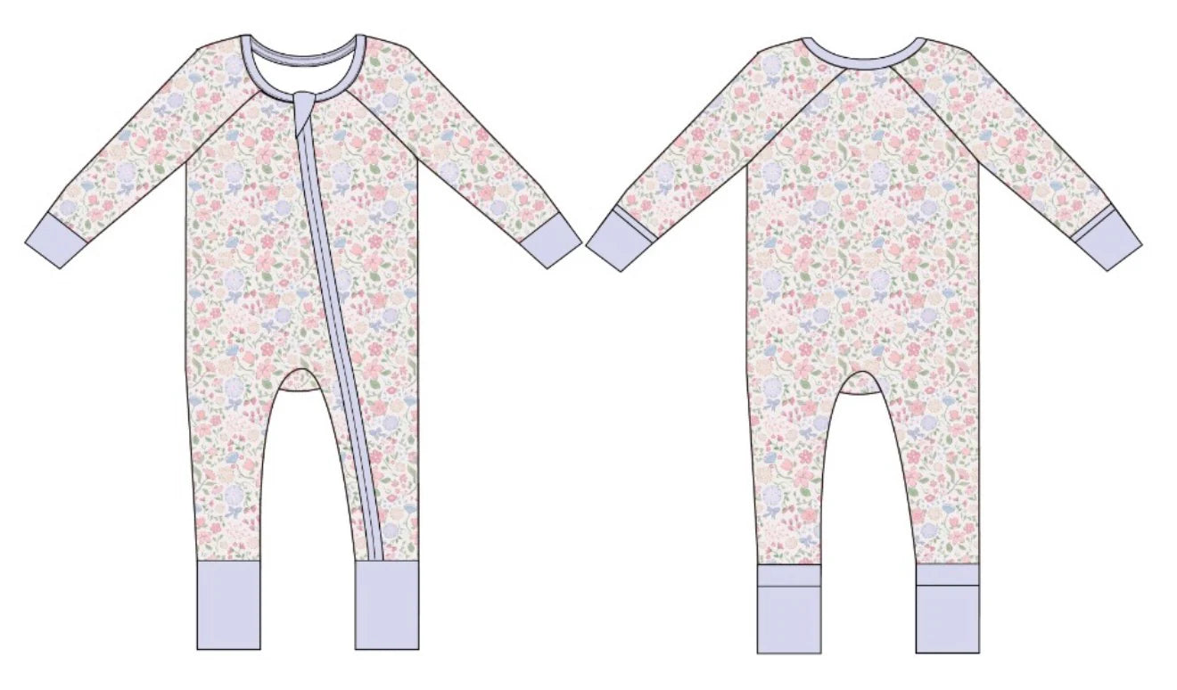 Baby onesie with floral pattern and light purple accents on a white background