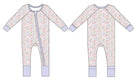 Baby onesie with floral pattern and light purple accents on a white background