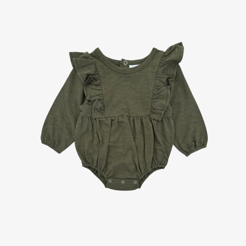 Green baby romper with ruffled sleeves on a white background