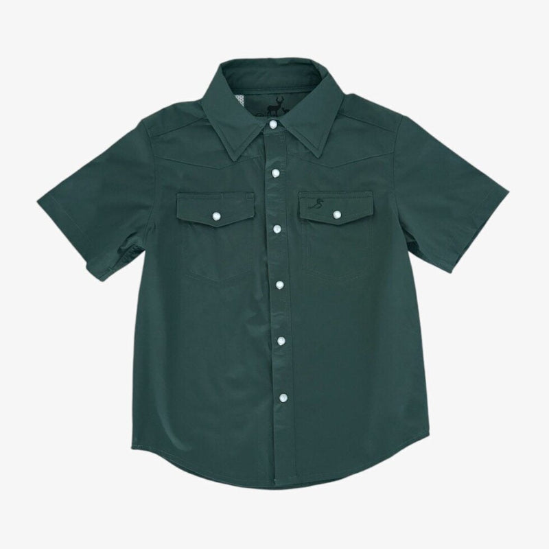 Green short-sleeve shirt with button details on a white background