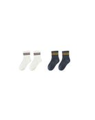 Two pairs of socks, one white and one navy, with stripes 