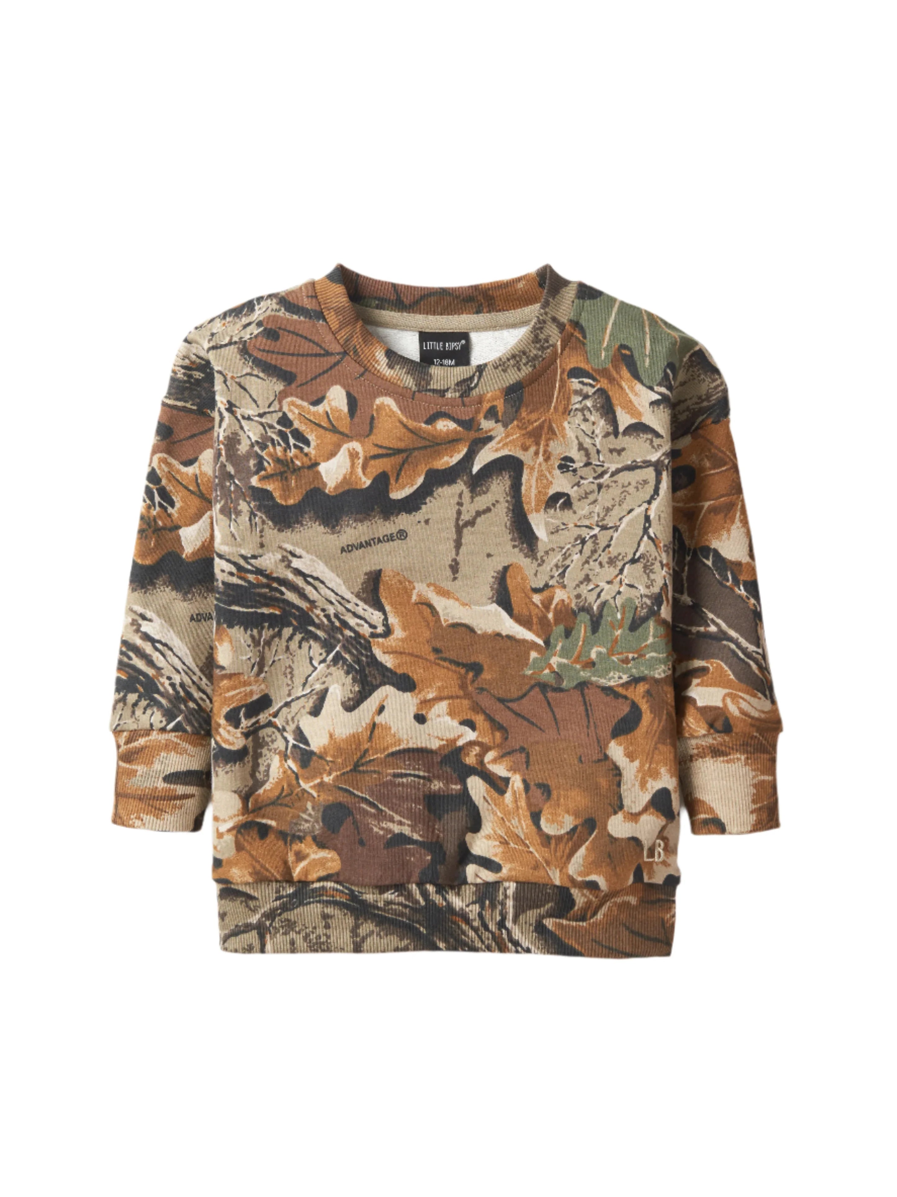 Camouflage-patterned long-sleeve shirt on a white background