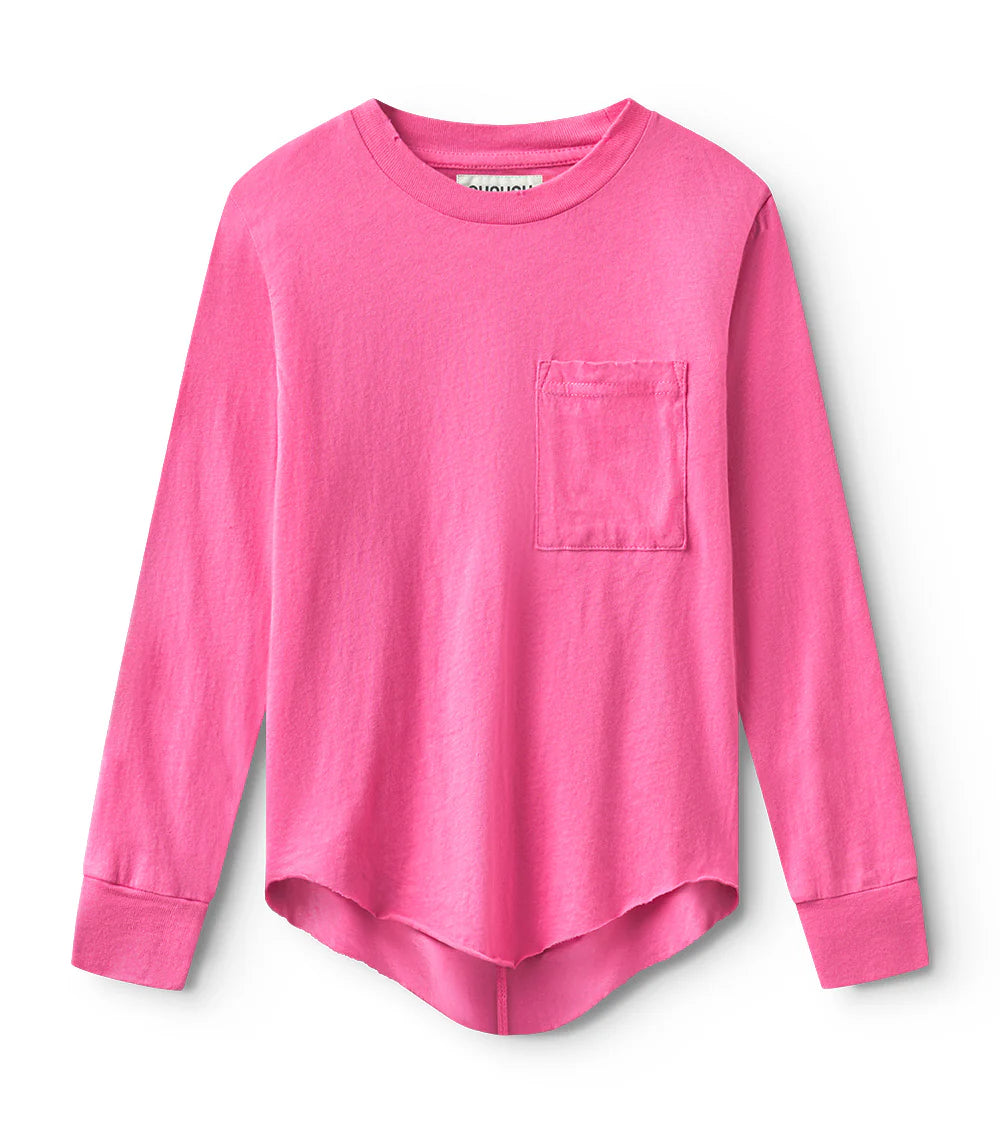 This image features a striking hot pink, gender-neutral pocket shirt by Nununu. The shirt is crafted from a soft, single cotton fabric, enhancing its comfort and appeal.