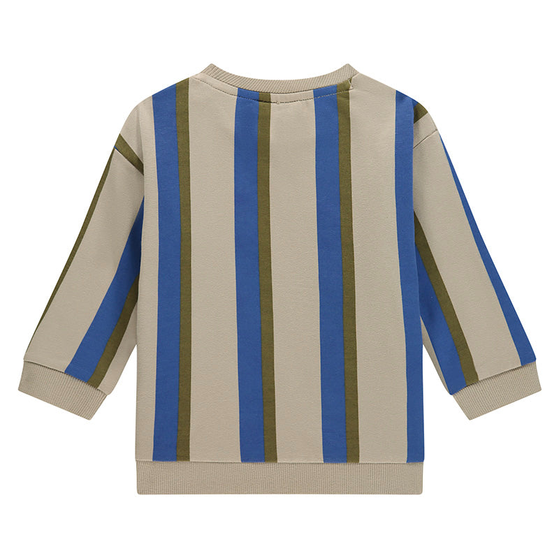 Long-sleeve shirt with blue and green vertical stripes on a beige background
