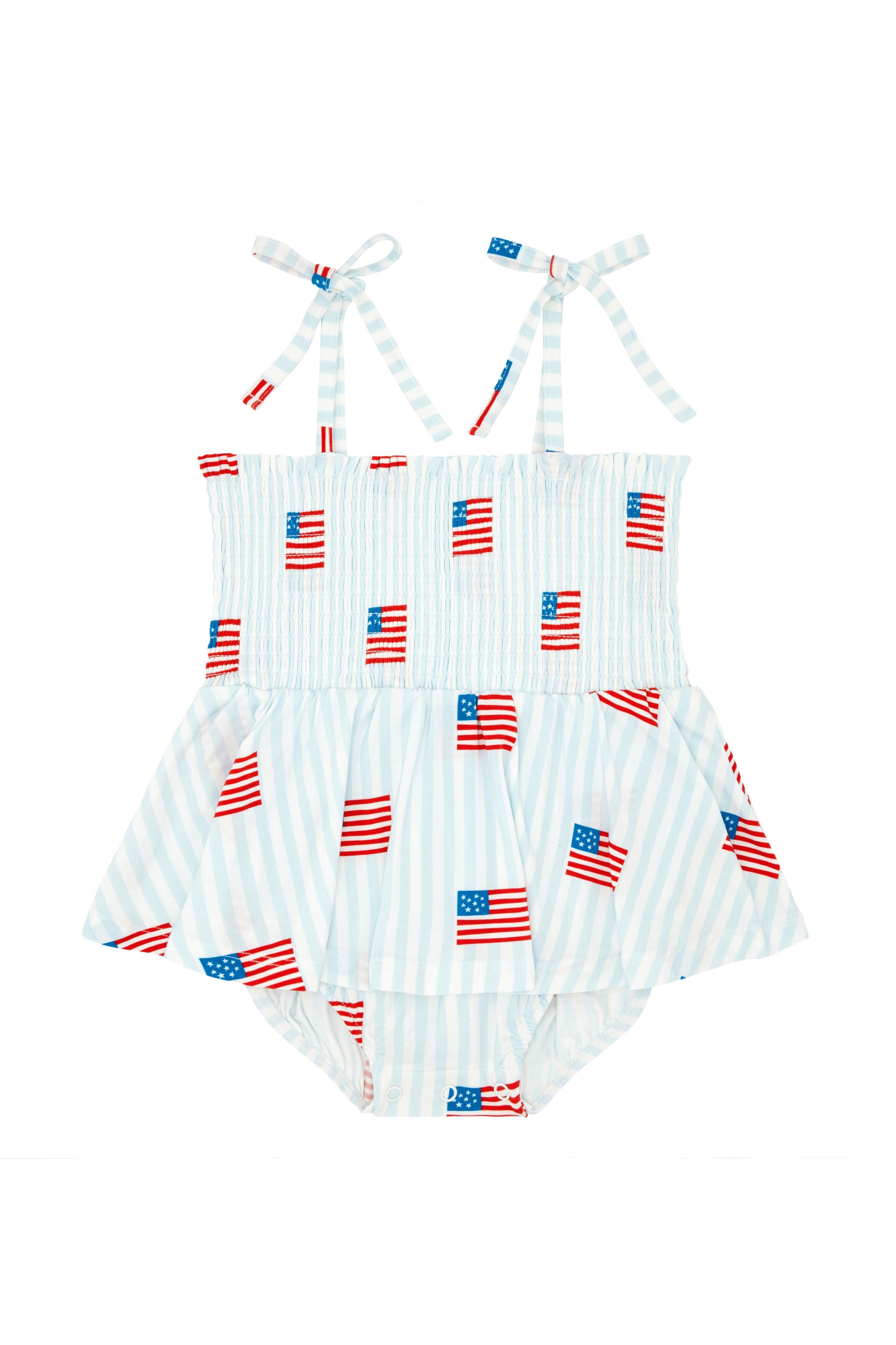 One-piece romper with American flag pattern and bow sleeves on a white background