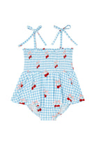 Blue gingham baby romper with red cherries on a white background