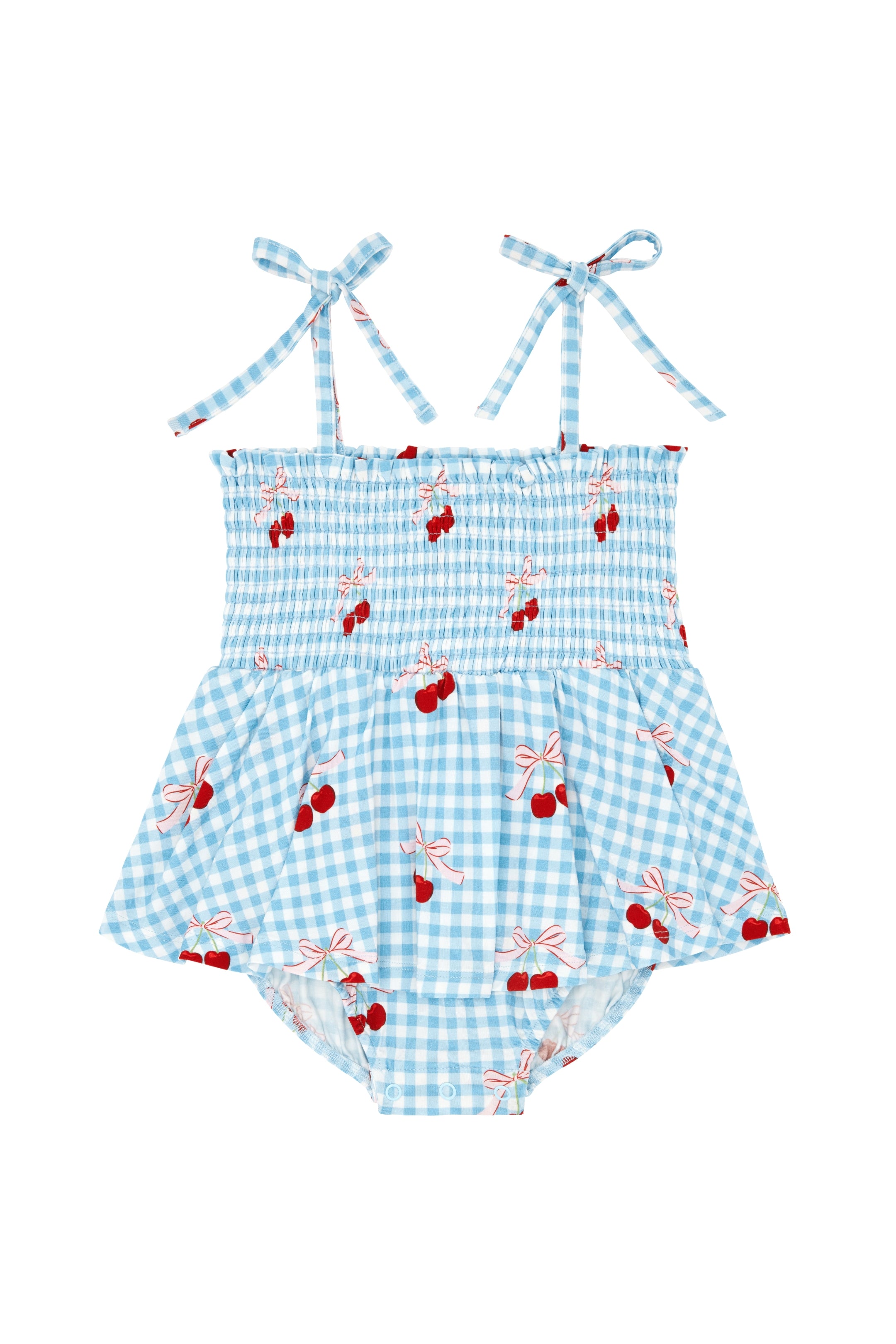 Blue gingham baby romper with red cherries on a white background