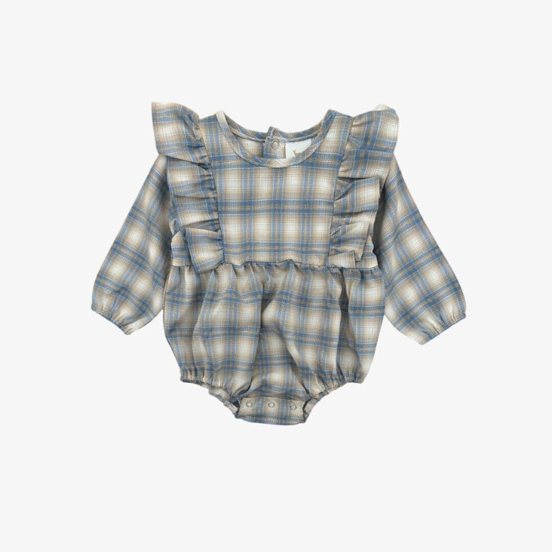 Plaid baby romper with ruffled sleeves on a white background