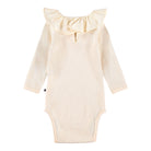 Ribbed White Body Suit with Ruffled Collar