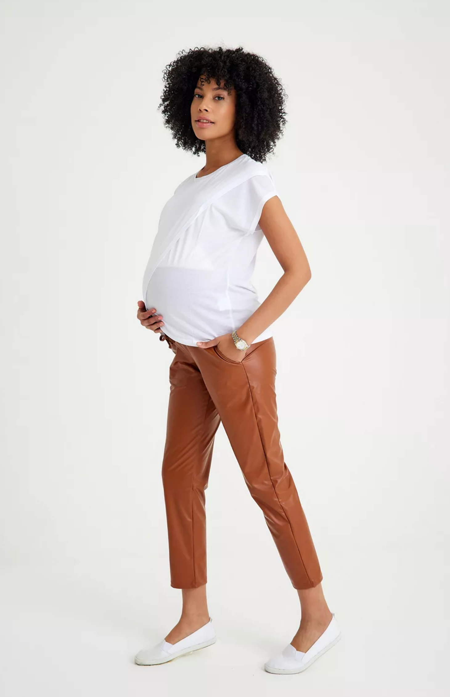 Comfy Cool Leather Look Pants - Toffee