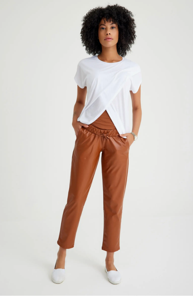 Comfy Cool Leather Look Pants - Toffee