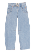 Light blue barrel jeans with drawstring on a white background