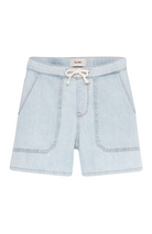 Light blue denim shorts with a drawstring on a white background