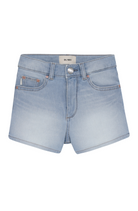 Light blue denim shorts on a white background
