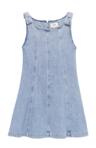 Light blue denim dress with bow sleeves on a white background