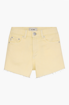 Light yellow denim shorts on a white background