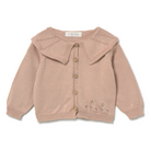 Baby cardigan with a collar and flower detailing on a white background