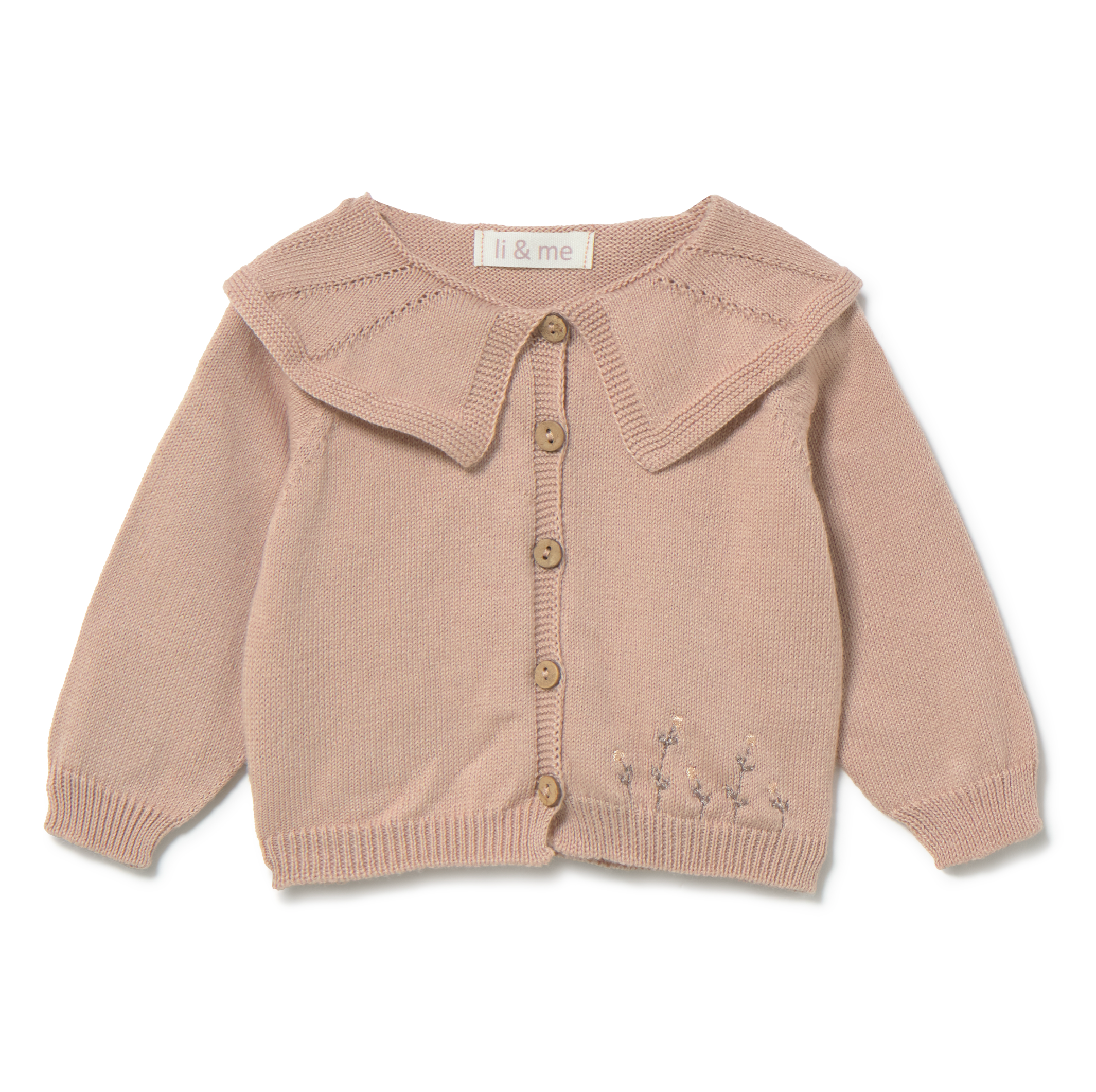 Baby cardigan with a collar and flower detailing on a white background