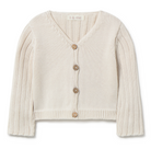Beige knitted cardigan with button details on a white background