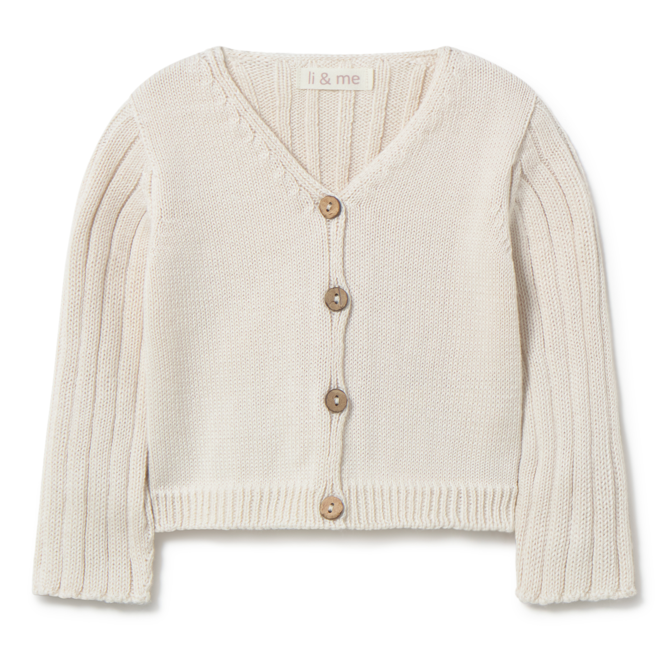 Beige knitted cardigan with button details on a white background