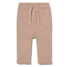 Beige/pink knitted pants with a drawstring on a white background