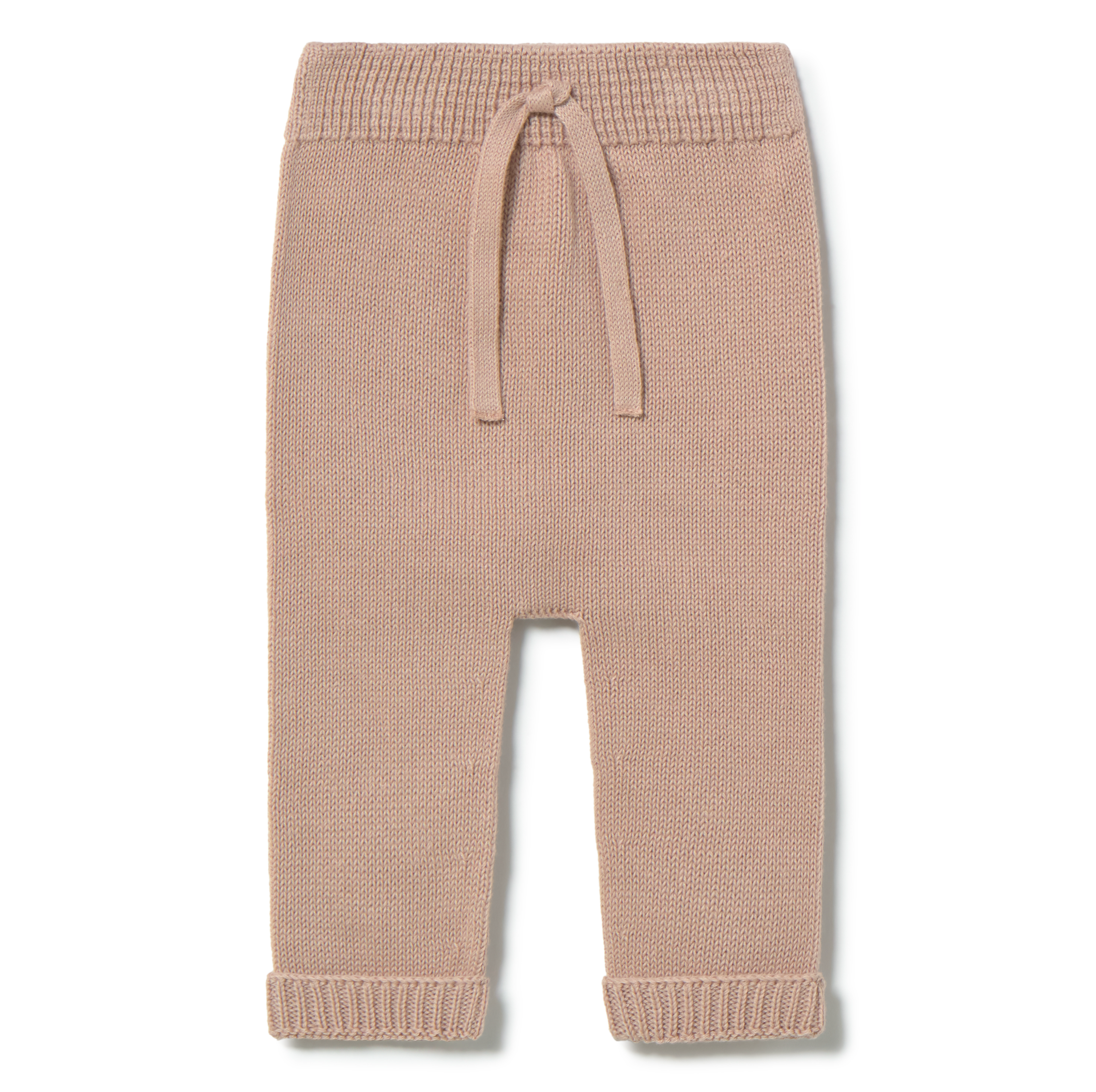 Beige/pink knitted pants with a drawstring on a white background