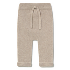 Beige knitted baby pants with a drawstring on a white background