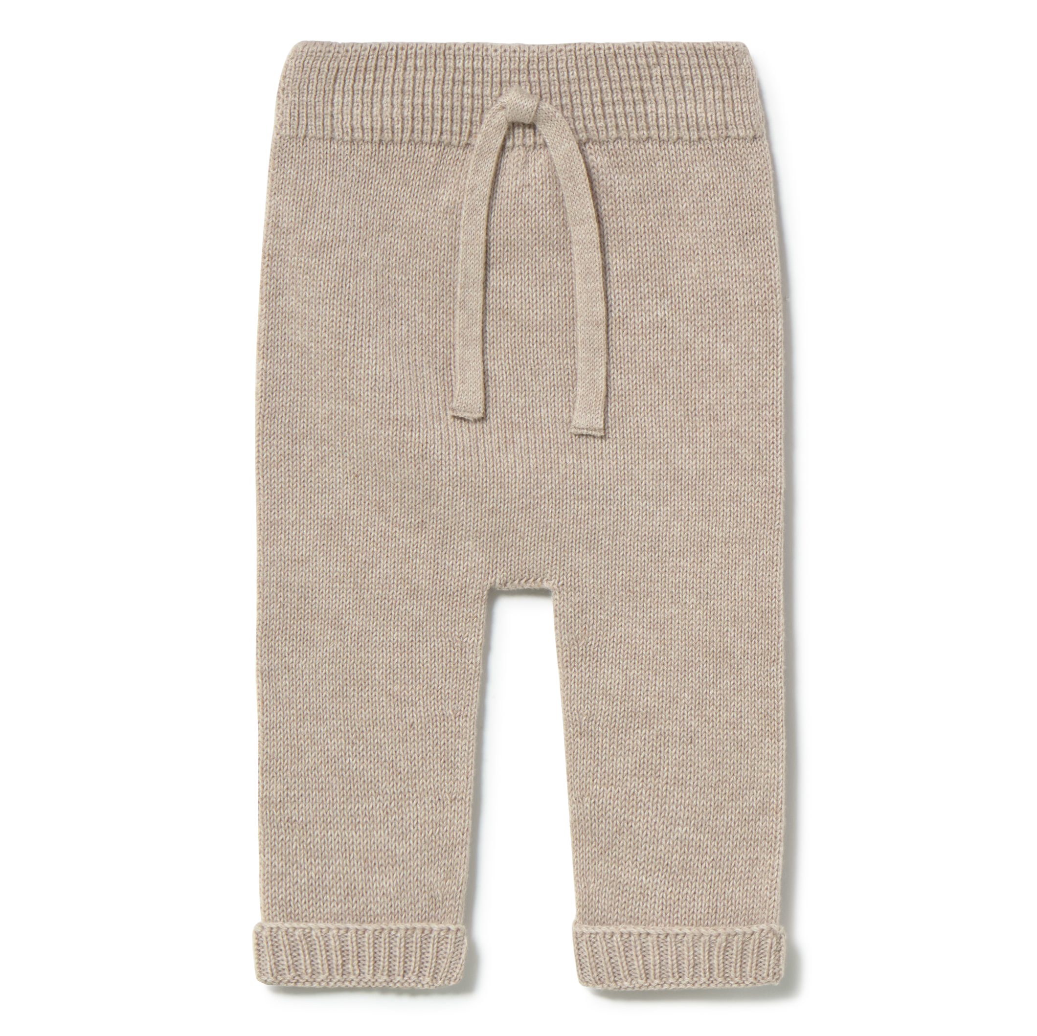 Beige knitted baby pants with a drawstring on a white background