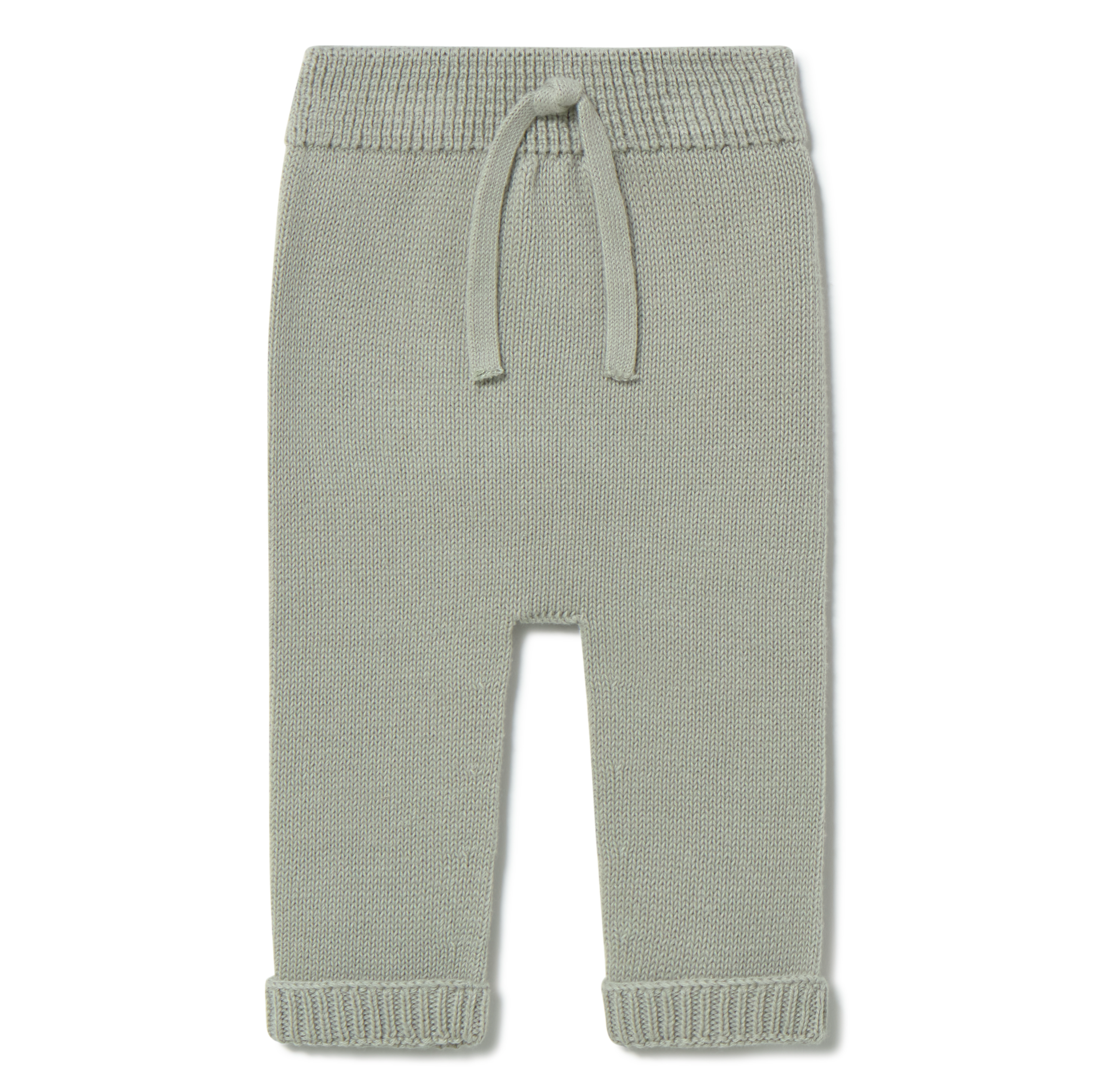 Green knitted baby pants with a drawstring on a white background