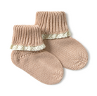 Pair of beige/pink knitted baby socks with lace trim on a white background
