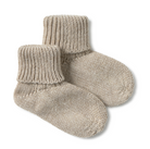 Pair of beige knitted socks on a white background