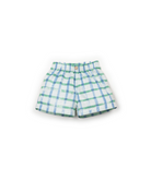 Green, white, and blue checkered shorts with a button detail on waistband 