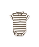green and white striped ribbed baby onesie with button detailing 