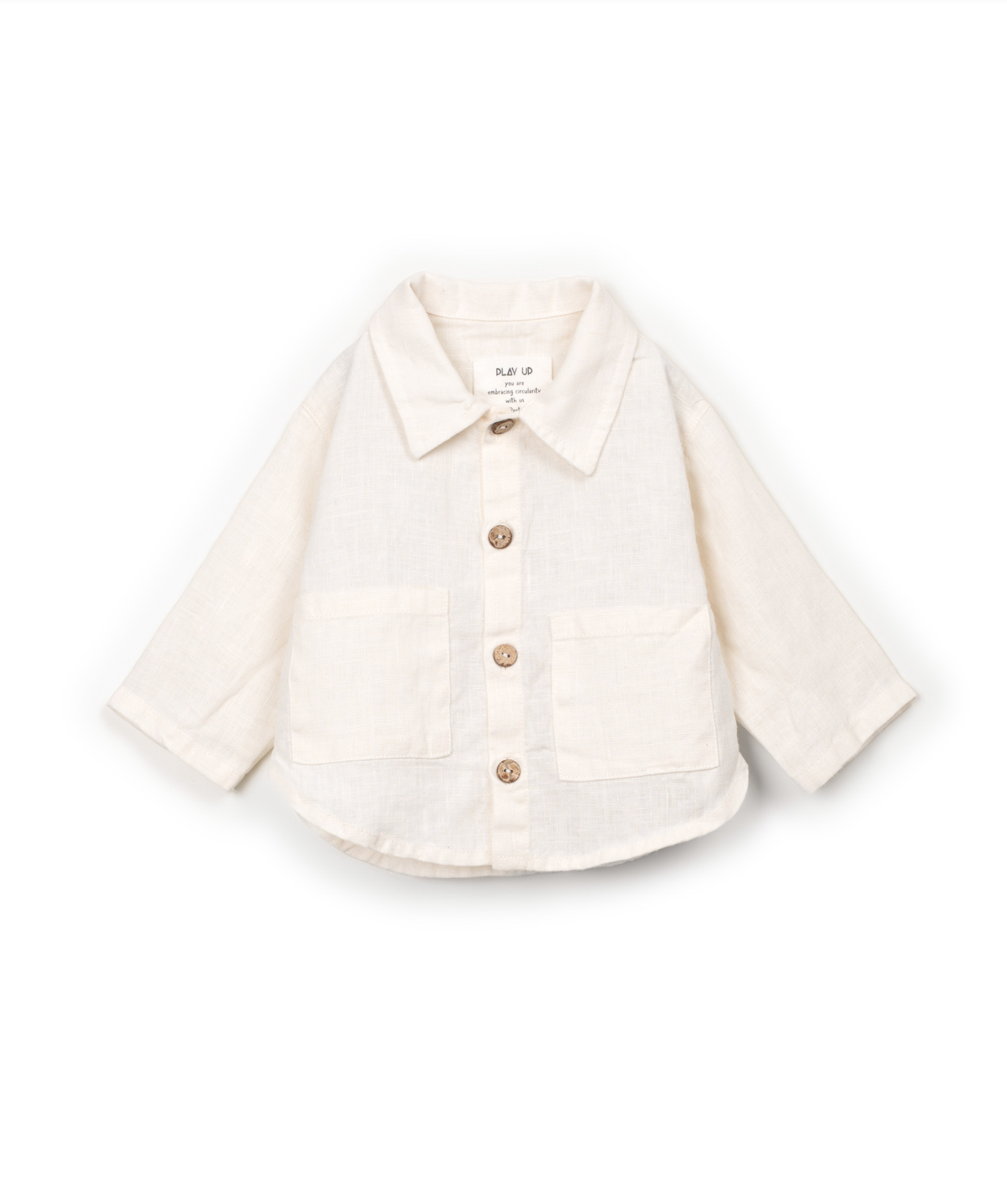 White linen collared button up shirt with pockets
