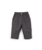 Dark gray trousers with pockets and a button on the waistband