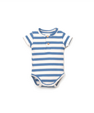 Blue and white stripped ribbed bodysuit with button detailing