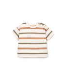 Orange and green striped shirt with button detailing on the shoulder