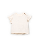 Beige flowy top with ruffled sleeves and button detailing on a white background