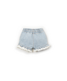Light blue denim shorts with white ruffles on a white background