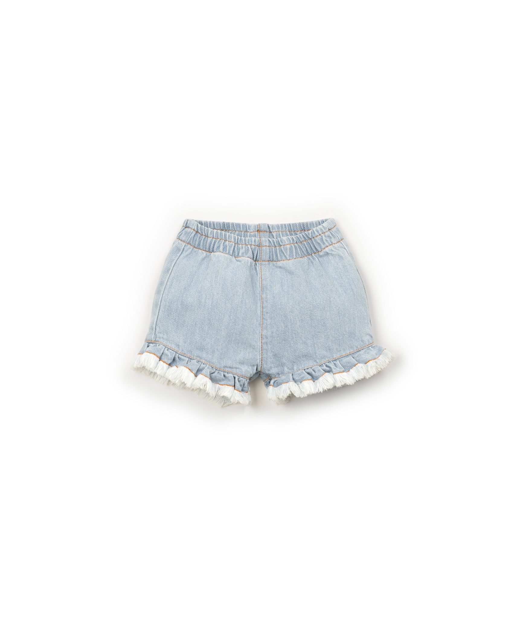 Light blue denim shorts with white ruffles on a white background