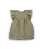 Green linen dress with ruffled sleeves on a white background