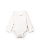 White baby romper with ruffled collar and button snaps on bottom