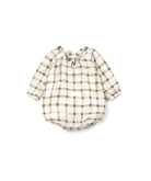 Green plaid baby romper with a bow on a white background