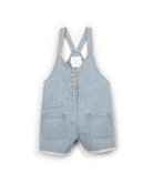 Light blue denim cotton overalls with buttons and pockets on a white background