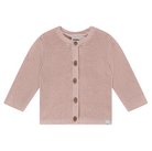 Knitted pink baby cardigan with buttons on a white background